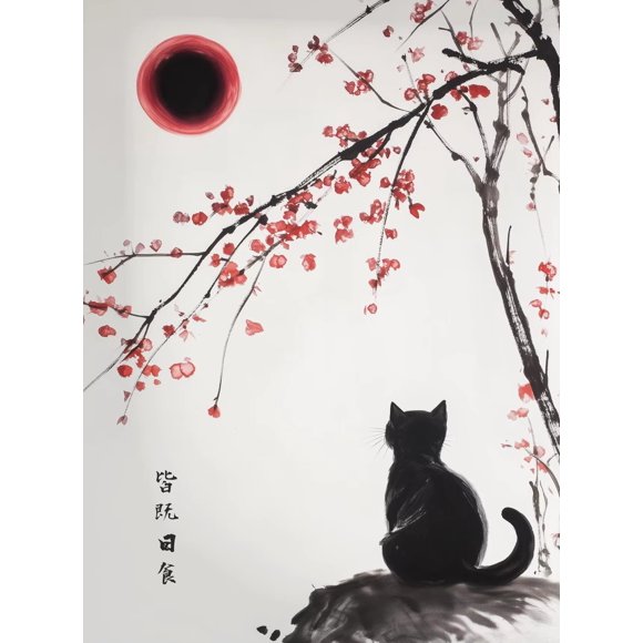 Japanese Black Cat Bathing Moon Lucky Cat Cartoon Illustration Retro Poster Canvas Paintings Wall Art Pictures Home Decor Gifts50 x 70 cm (without frame),SKU-17
