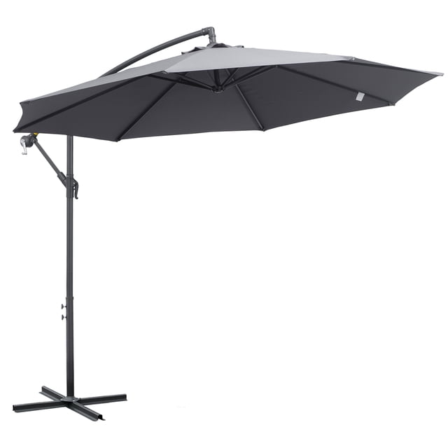 Outsunny 10ft Offset Patio Umbrella with Base in grey, featuring a cantilever design with a crank winding mechanism for easy opening and closing. The umbrella has a 9.8-foot diameter canopy made of UV and water-resistant polyester fabric, supported by 8 ribs and a black powder-coated metal frame for durability. Includes a cross base but requires additional weights for stability. Suitable for outdoor spaces like patios, gardens, and poolside areas.