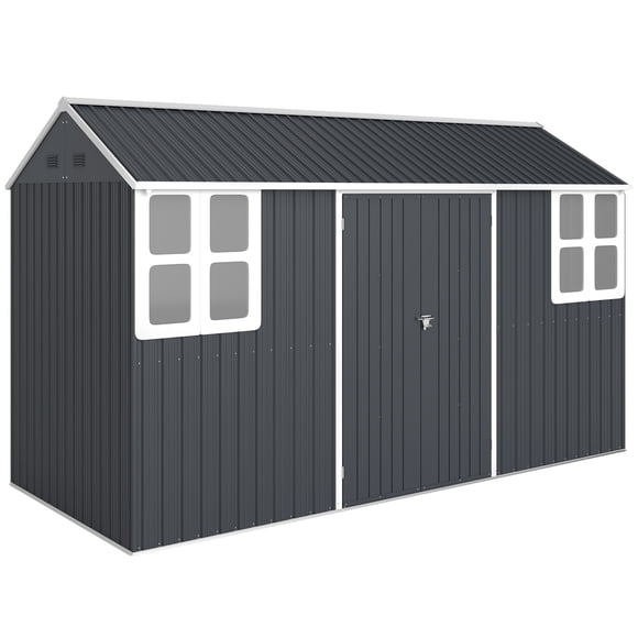 Outsunny 12' x 5.5' Metal Garden Storage Shed with Lockable Door Dark Grey