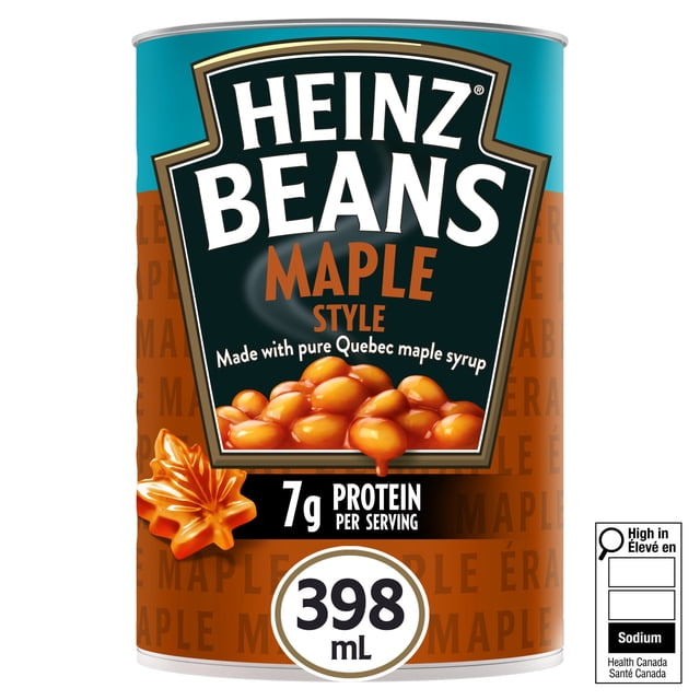 Heinz Haricots Style Érable avec Sirop d'Érable Pur du Québec en Conserve avec Étiquette avant Montrant Haricots Enrobés de Sirop d'Érable, 7 g de Protéines par Portion, volume de 398 ml, Sans Caséine, Faible en Gras et Mise en Garde Santé Canada sur le sodium.