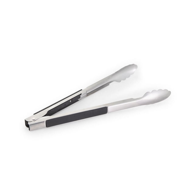 KitchenAid Stainless Steel 12" Tongs with scalloped edges and soft silicone grips for secure, comfortable handling, featuring a one-handed locking mechanism, suitable for various kitchen utensils and cooking tasks.