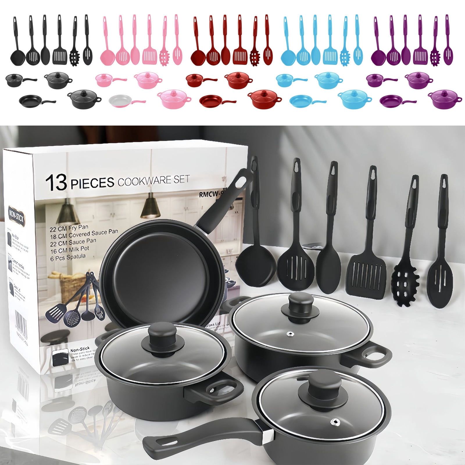 Viflosae Frying Pan Non Stick Pan Non Stick Pans Thirteen Piece Cookware Set Soup Pot Milk Pan Frying Pan Non-Stick Spatula Set Maifan Stoare Multi-Piece Set