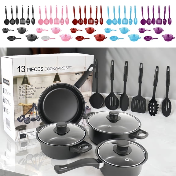 Rourlinge Ensemble de Batterie de Cuisine 13 Pcs Antiadhésive avec Poêle à Frire, Casserole, Marmite, Spatules, Poignées Résistantes à la Chaleur, Répartition Uniforme de la Chaleur, Nettoyage Facile, Ensemble Polyvalent pour la Cuisine