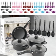 Iron Non-Stick Cookware Set 13-Piece Cookware Set Non-Stick Frying Pan Soup Pot Milk Pan with Spatulas and Glass Lids,Black,30x7.5cm JASKFLY