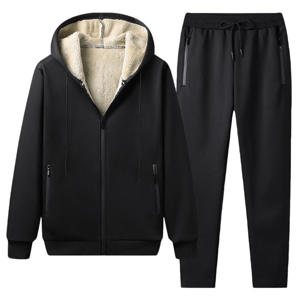 Fengqque Lined Sweatsuit Men Winter 2 Piece Set Thicken Warm Casual thermal Fleece Full Zip Hoodie Coat and Pant Outfits Black 4(S)