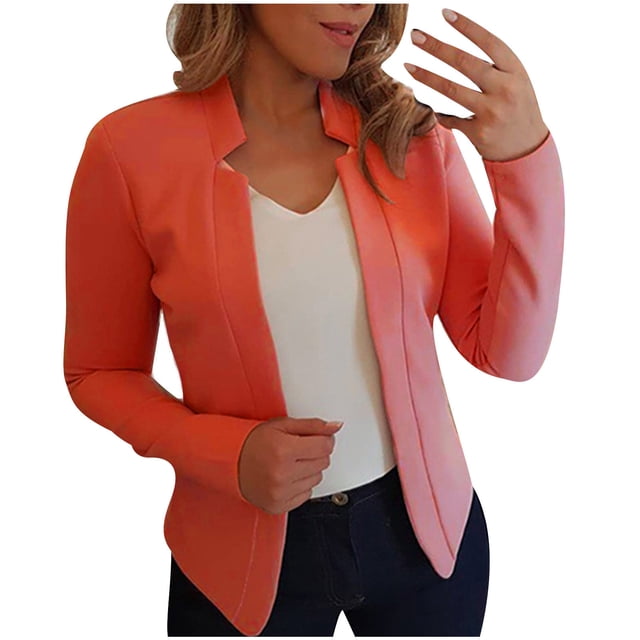 Womens Open Front Blazer Business Long Sleeve Jackets Solid Color Work Office Elegant Cropped Cardigans Cardigan for Dress Orange L