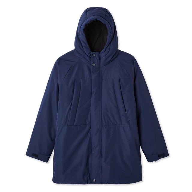 George Manteau Long Matelassé pour Garçons en Bleu Marine avec Fini Déperlant, Capuche et Corps Isolés, Doublure en Micro-Polaire à la Capuche et au Haut du Corps, Manches Longues avec Fermetures à Brides Autoagrippantes, Poignets Tempête, Fermeture Éclair Centrale-Avant avec Patte de Boutonnage Tempête, Multiples Poches Sécurisées et Longueur Mi-Cuisse, Idéal pour les Hivers Canadiens Froids.