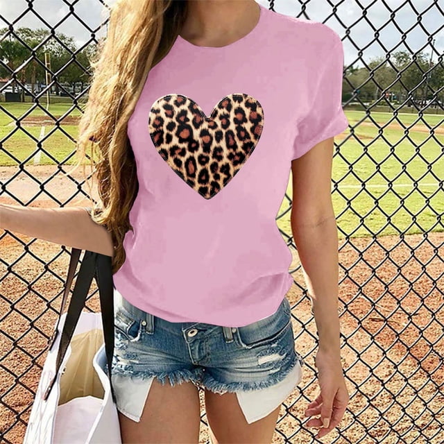 Soki T-Shirts Décontractés pour Femmes à Imprimé Léopard, Col Rond, Manches Courtes