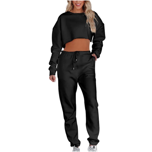 IROINNID Survêtement pour Femmes Ensemble 2 Pcs Économies Col Rond Couleur Unie Chandail Court Nombril Chandail à Manches Longues Décontracté Pantalon à Cordon Costume Ensemble Athlétique,Noir