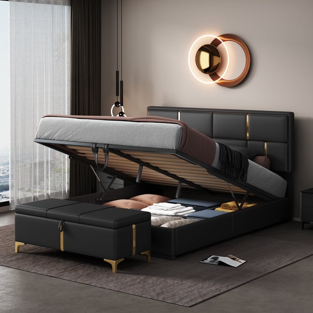 Velmero Queen Size Upholstered Storage Bed with Hydraulic Lift & Easy Assembly - No Box Spring Required,Black