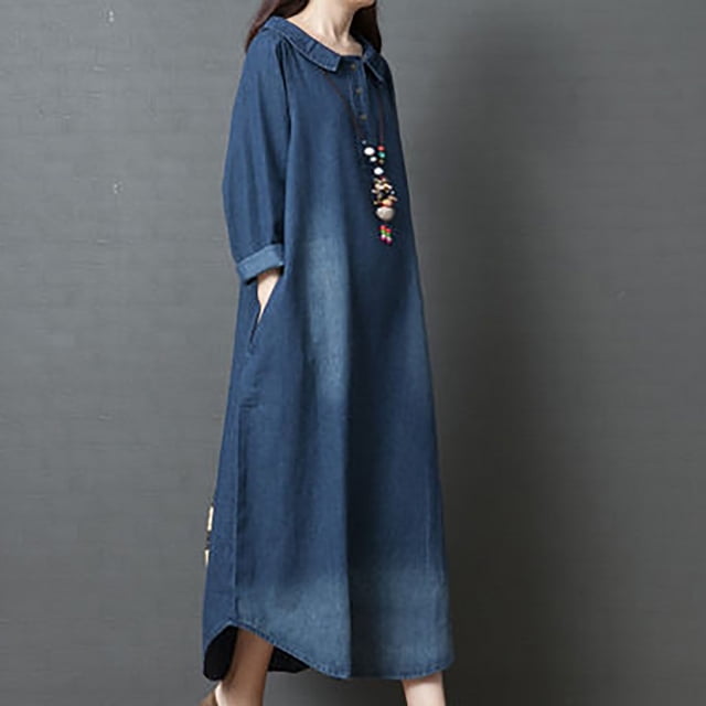 FcBaudy Longues Robe à Manches à Col Rond pour Femme, Ample, à la Mode, Confortable, Chemise-Jupe en Denim de Coton, Robe pour Femme
