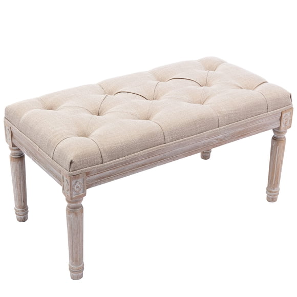 chairus Fabric Entryway Bench with Button Tufted Seat and Rustic Wood Legs, Vintage Bedroom Bench End of Bed, Padded Extra Seating Bench for Living Room Office Studio Hallway, Beige