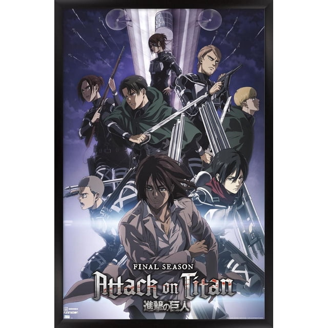 Attack on Titan: Season 4 - Key Visual 2 Wall Poster depicting multiple characters in military uniforms with maneuver gear and weapons, posed dynamically against a dark sky with searchlights and flying aircraft, featuring the series title and final season text at the bottom.
