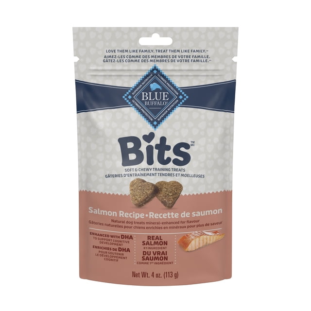 Blue Buffalo Blue Bits Savory Salmon Recipe Soft-Moist Training Dog Treats 4-oz bag featuring resealable packaging with heart-shaped soft treats made from real salmon as the first ingredient, enriched with DHA for cognitive support, free from poultry by-products, corn, wheat, and soy, suitable for dogs of all life stages and ideal as a training reward.