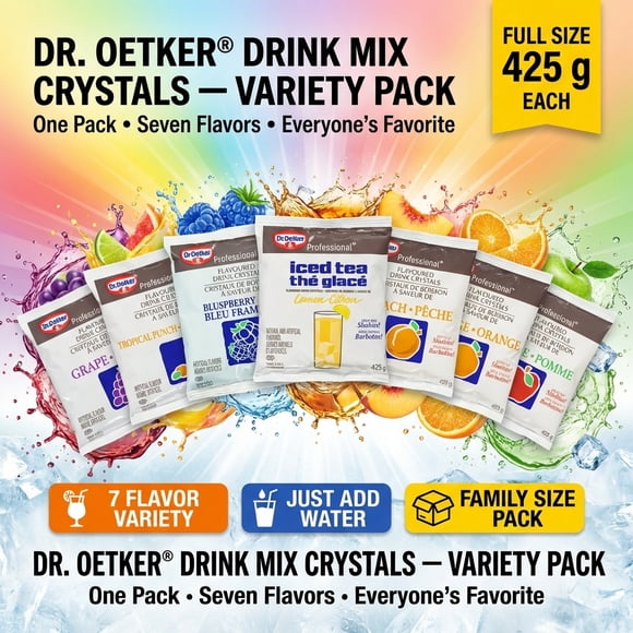 Dr. Oetker Drink Mix Crystals Assorted Variety Pack, 7 × 425g – Apple, Peach, Blue Raspberry, Grape, Tropical Punch, Orange & Iced Tea