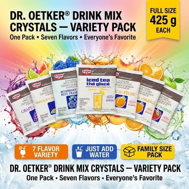 Dr. Oetker Assortiment de Cristaux pour Boissons, 7 X 425 g – Pomme, Pêche, Framboise Bleue, Raisin, Punch Tropical, Orange et Thé Glacé