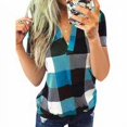 thumbnail image 3 of T-shirt pour Femme à Col en V, Chemise Courte Imprimée, Haut à Manches en V, Blouse Décontractée à Carreaux, Bleu Lac, L, 3 of 6