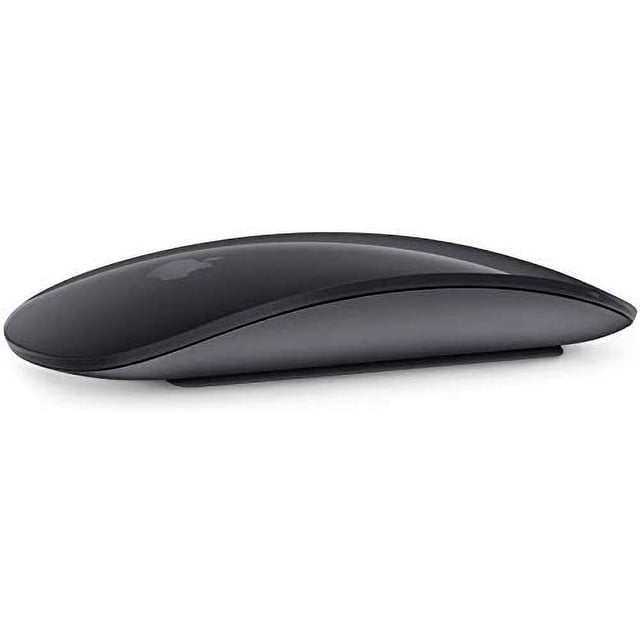 Apple Magic Mouse 2, Wireless, Rechargeable - Space Gray (Renewed). A sleek, low-profile wireless computer accessory in space gray with a continuous bottom shell and optimized foot design for smooth tracking. Features a multi-touch surface for gestures like swiping and scrolling, and includes a Lightning port for charging.
