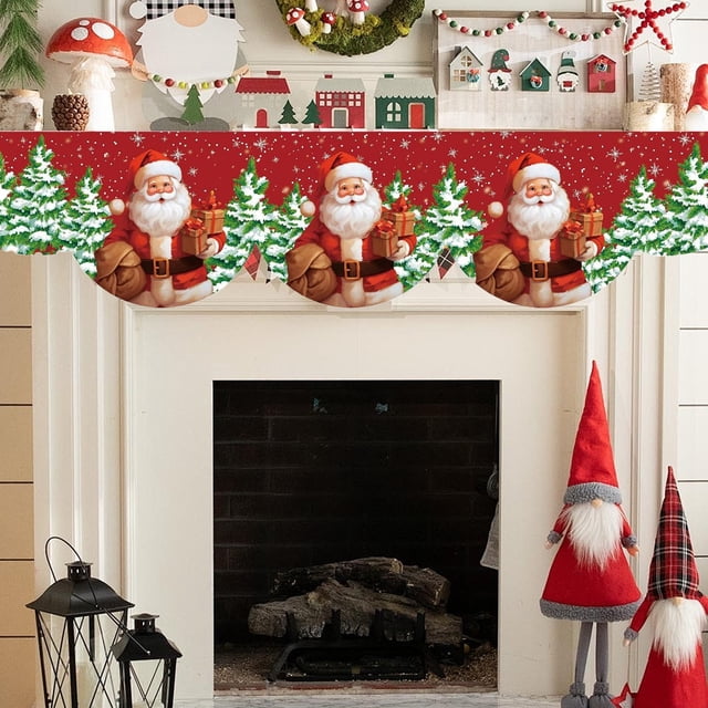 Todaioua Christmas Fireplace Mantle Banner Polyester Fabric Holiday Decor Santa Snowman Christmas Tree Design Easy Install Festive Home Decoration 79" x 20"