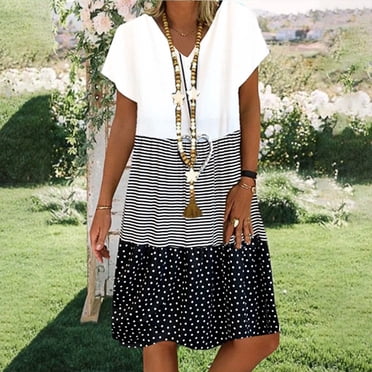 TIMIFIS Women Short Sleeve Polka Dot Striped Summer Midi Dress Plus Size Casual Sundress - Summer