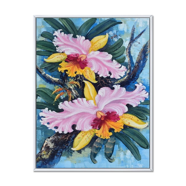 Designart Vintage Forest Orchids I FLOAT FRAME WALL ART depicting two pink orchids with yellow and red details, set among green leaves on a textured blue background, printed on premium cotton canvas and gallery-wrapped in a white floating frame, ready to hang.