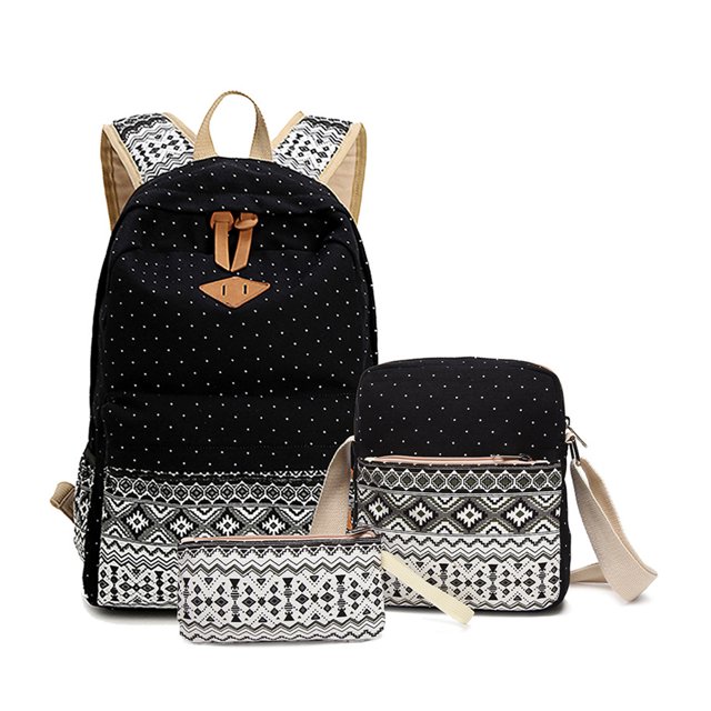 QualitChoice 3 Pieces Canvas Backpack Shoulder Organizer Set Large Capacity for Zipper Ethnic Style School Bags Causal Adjustable Travel Bag Black