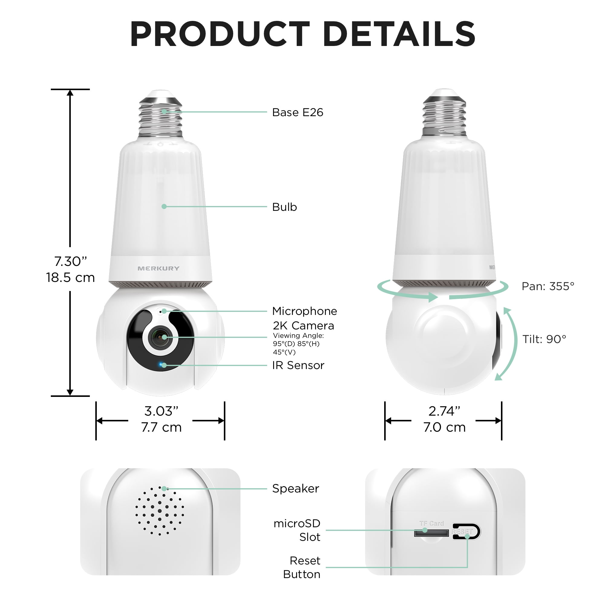 Caméra de sécurité Merkury Smart 2K intégrée à une ampoule, rotation et inclinaison à 360°, vidéo HD 4 MP, vision nocturne, alertes de mouvement
