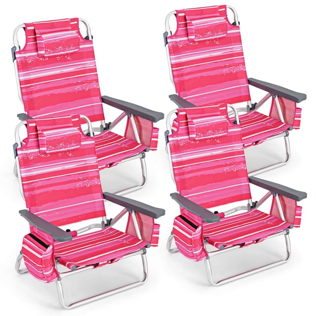 Patiojoy Lot de 4 Chaises de Plage Pliantes Type Sac à Dos Chaises Inclinables d'Extérieur à 5 Positions avec Oreiller Rose Foncé
