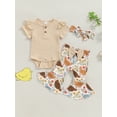 thumbnail image 2 of EYIIYE Toddler Baby Girl 3Pcs Summer Outfits 0 3M 6M 12M 18M Infant Short Sleeve Jumpsuits Ribbed Ruffled Rompers with FloralChick Flare Pants Headbals Fashion Cute Casual Clothes for Daily, 2 of 9