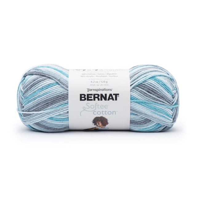 Bernat® Softee® Cotton™ Yarn, 4.2oz/120g skein with 254 yards of DK weight cotton-acrylic blend in variegated light blue, grey, and white, ideal for machine washable lightweight knitting and crochet projects.