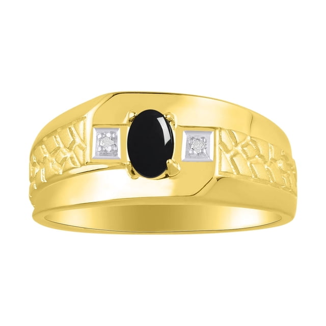 RYLOS Men's Rings 14K Yellow Gold Classic Nugget 6X4MM Oval Gemstone & Diamond Ring Cabochon Onyx October Birthstone Rings Size 10