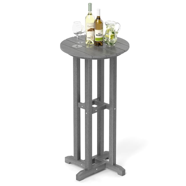 Gymax 21.5'' Round Bar Table Patio HDPE Bar Height Dining Table in grey with a slatted tabletop. Made of weatherproof HDPE and stainless steel screws, it features a 42'' height, reinforced crossbars for stability, and a modern design suitable for outdoor spaces like patios, balconies, and poolside areas. The table accommodates bar chairs with seat heights between 25.5'' and 31.5'' and has a weight capacity of 110 lbs.