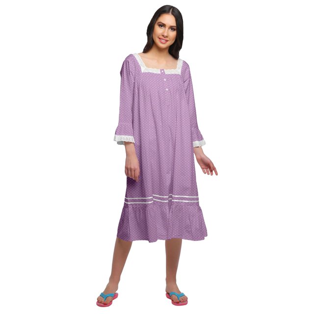 Moomaya Robe de Nuit en Coton à Manches Longues à Encolure Carrée Imprimée pour Femmes