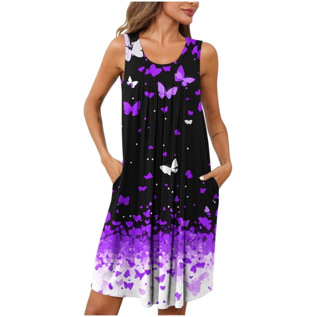 Ovzne Robes pour Femmes 2025 Robe de Plage Femmes Imprimé avec Poches Chemises de Nuit Sans Manches Vêtements de Nuit devant Plissé Nuisette Col Rond Robe de Nuit Grande Taille Robe Maxi Imprimée Liquidation