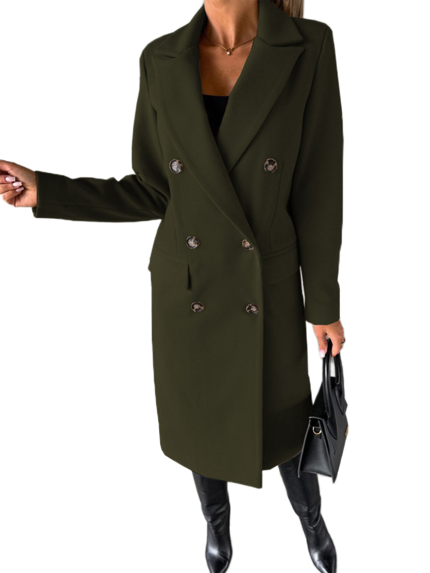 MAWCLOS Ladies Classic Solid Color Outwear Holiday Lapel Pea Coats Army Green L