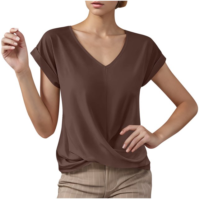 Summer T Shirts for Women V-Neck Short Sleeve Casual Tops Solid Color Basic Tees