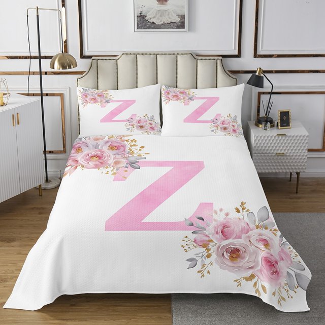 Erosebridal Initial Z Letter Coverlet Set Twin, Floral Monogrammed 02, Initial A-Z Decor