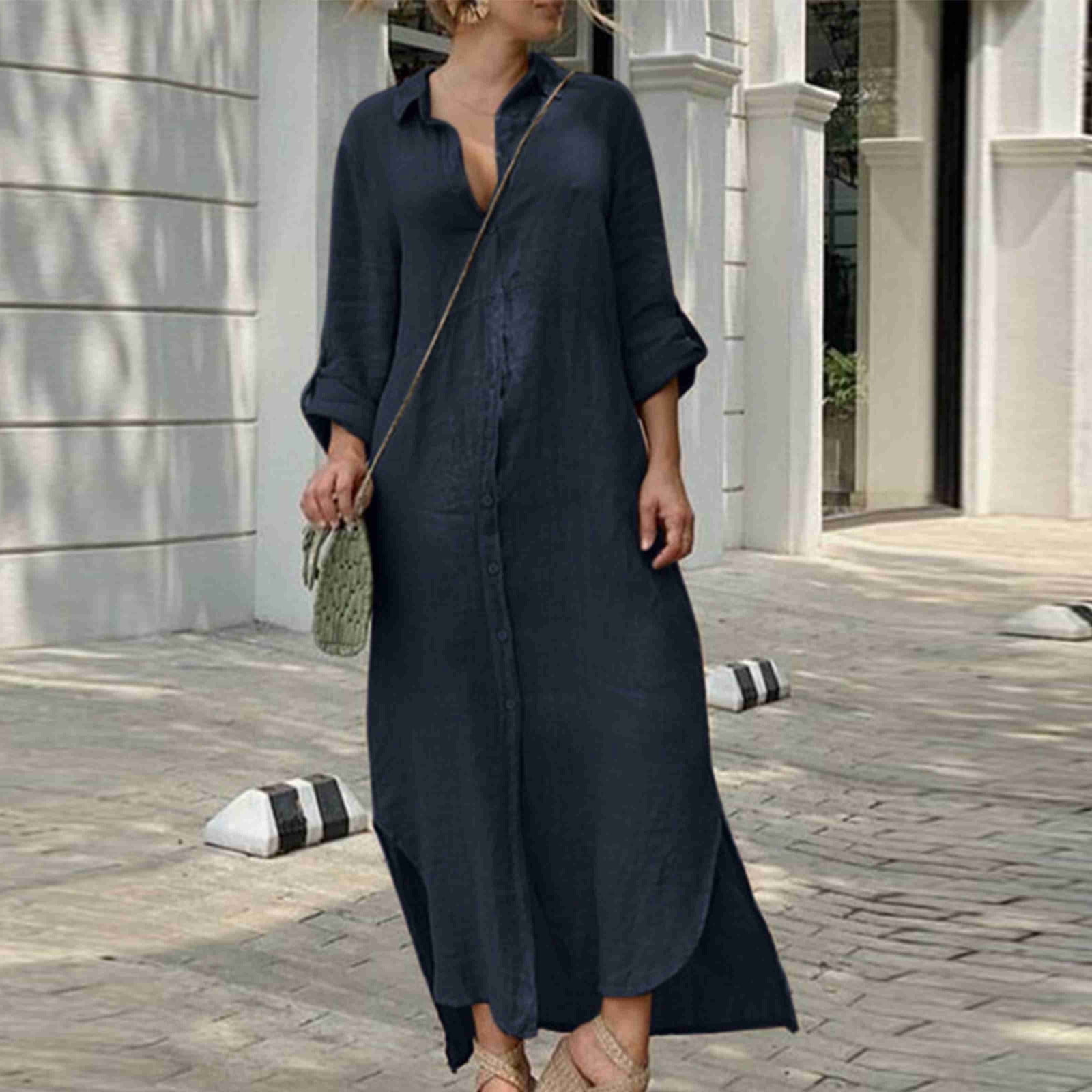 Robes d'Été Aguichant pour Femmes Mode Manches Mi-Longues Unies à Boutons en Lin Chemise Ample Longue Robe Décontractée Robes d'Été pour Femmes en Liquidation