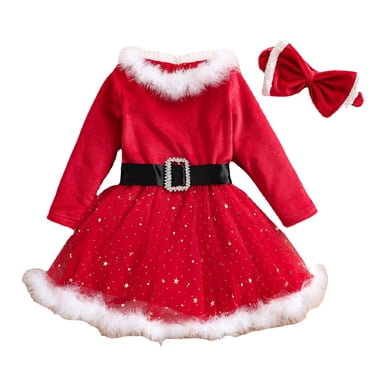 Zanarzt Robe Chandail de Noël pour Nouveau-Né Fille, Tout-Petit Enfants Filles Noël Manches Longues Nœud Étoiles Imprimés Robes Robe en Tulle Vêtements Bandeaux Ensembles Rouge, 18-24 Mois