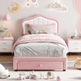 thumbnail image 1 of Twin Size Upholstered LED Platform Bed Frame with Storage Drawer Princess Velvet Design No Box Spring Needed Pink, 1 of 7