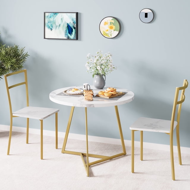 Dining Table Set for 2, Round Kitchen Table and 2 Chairs, Metal Frame, 3 Piece Kitchen Table Set for Small Space, Apartment, Studio