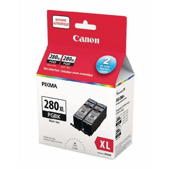 PGI-280XL Twin Value Pack Canon pigment black XL ink twin pack, centered front view of two cartridges; pigment black ink used for sharp, crisp text on plain paper, XL tanks print more pages and extend time between replacements, often used for high-volume home or office document printing.