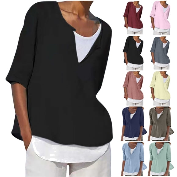 QATAINLAV Prime Day Sales Today, Women's Clothing 2025 Casual Linen 3/4 Sleeve Shirts Loose Fit V Neck Pullover Blouses Spring Summer Plus Size Beach Tops Dark Gray XL