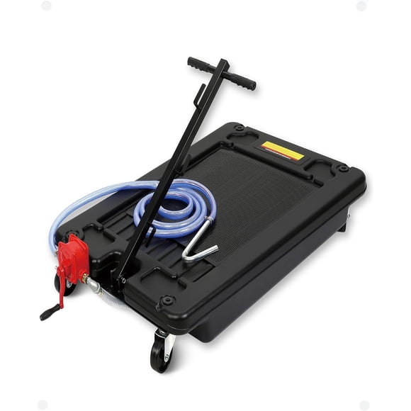 PIONEERWORKS 17 Gallon Oil Drain Pan with Pump & 8 Ft Hose, Low Profile & T Folding Handle Rolling Oil Drain Cart for Truck Cars SUVs