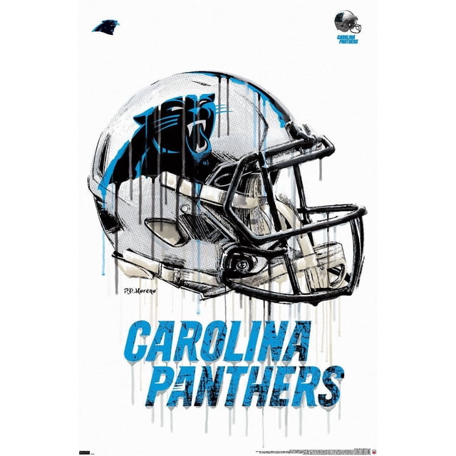 NFL Carolina Panthers - Affiche Murale Drip Helmet 20, 22,375 Po x 34 Po Présentant une illustration Artistique Centrée et Orientée vers l'Avant d'Un Casque de football Carolina Panthers avec des Effets de Peinture Goutte à Goutte Noirs et Bleus sur Fond Argenté, Imprimée sur Papier d'Affiche Lustré avec Texte Audacieux « Carolina Panthers » Bleu en Dessous, Convient pour l'Art Mural dans les Chambres, Bureaux Ou Dortoirs.