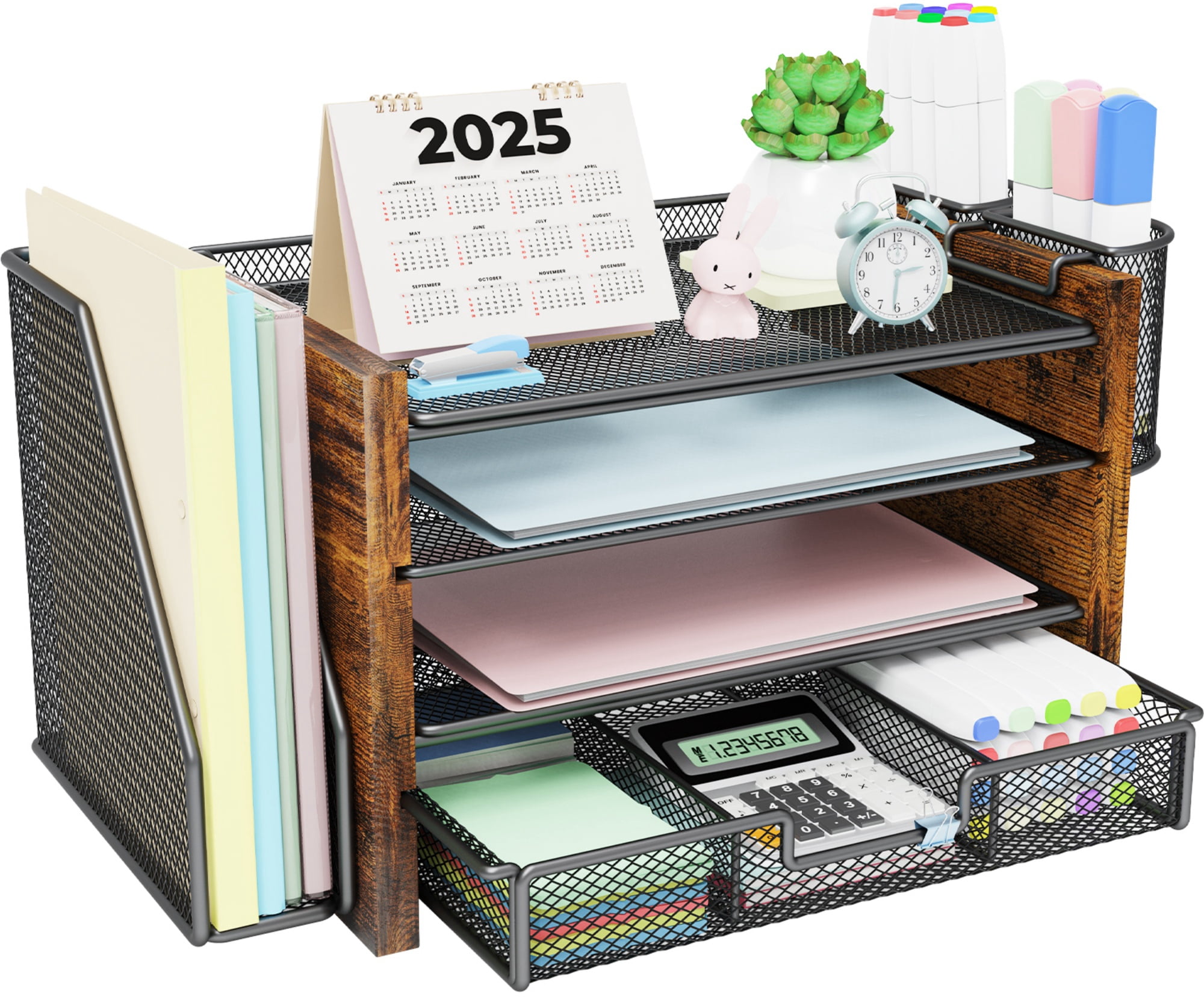 MEHOOM Wood Desk Organizers and Accessories with File Holder, 4-Tier Desk Accessories & Workspace Organizers with Drawer and Pen Holder, Paper Organizer for Office Supplies (Wood)