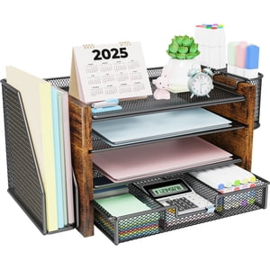 MEHOOM Organisateurs de bureau en bois et accessoires avec support de fichier, 4-Tier Accessoires de bureau & Organisateurs d'espace de travail avec tiroir et porte stylo, Organisateur de papier pour fournitures de bureau (Wood)