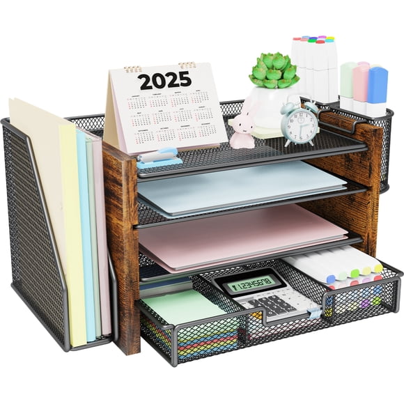 MEHOOM Organiseurs et Accessoires de Bureau en Bois avec Porte-Dossiers, Organiseurs d'Accessoires de Bureau à 4 Niveaux et d'Espace de Travail avec Tiroir et Porte-Stylo, Organiseur de Papier pour Fournitures de Bureau (Bois)