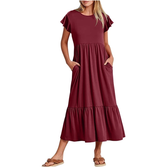AherBiu Boho Dresses for Women Cap Sleeve Summer Casual Loose Ruffle Flowy Maxi Dress with Pockets