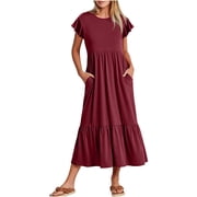 AherBiu Boho Dresses for Women Cap Sleeve Summer Casual Loose Ruffle Flowy Maxi Dress with Pockets